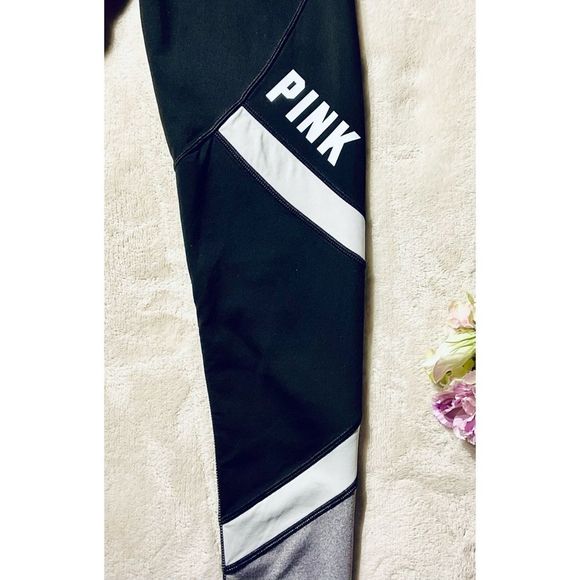 Victoria's Secret PINK Ultimate Black Gray Logo Spellout Black Stripe Leggings - Picture 3 of 4